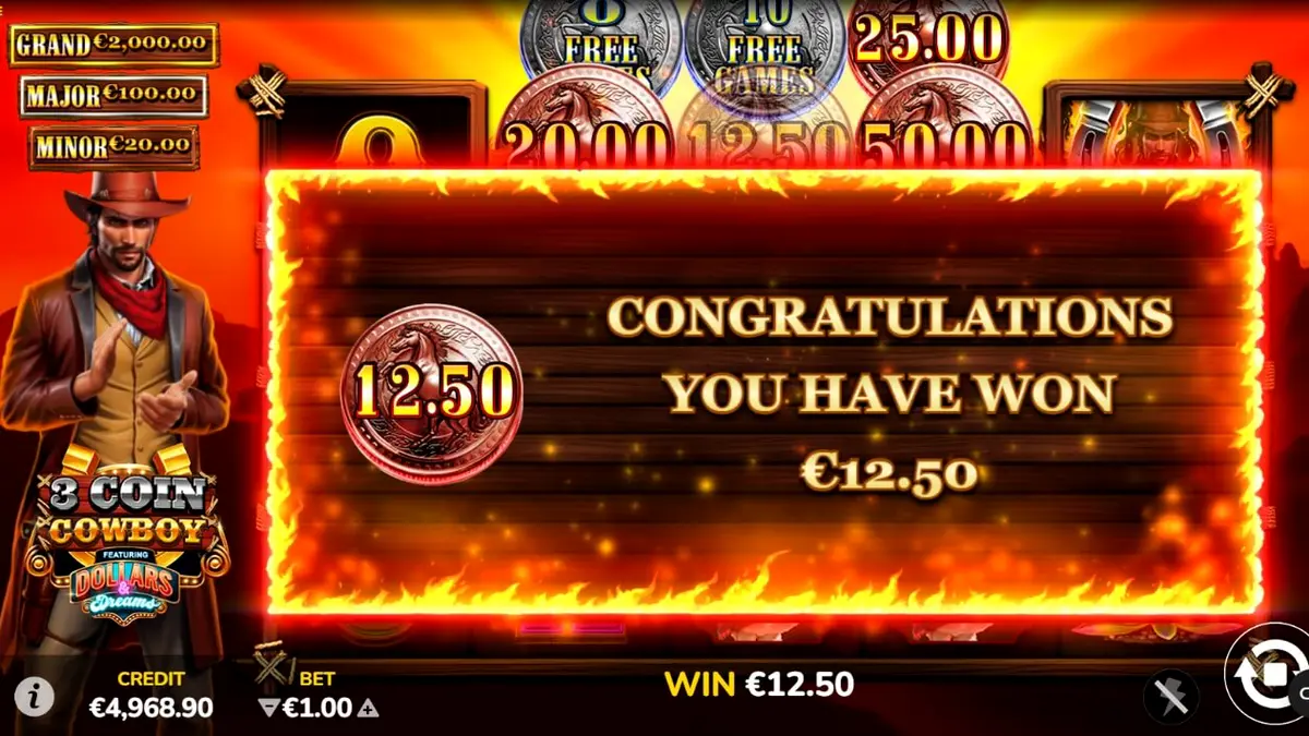 3 Coin Cowboy Dollars & Dreams slot game interface featuring Wild West symbols