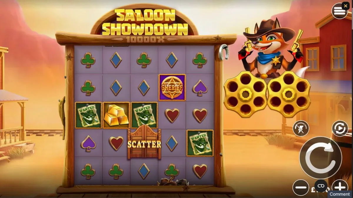 Visual kartun Wild West dalam slot Saloon Showdown 10,000x